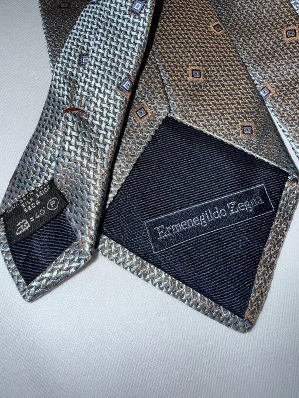 Ermenegildo Zegna mens tie silver-blue and brown, 100% silk made in Italy